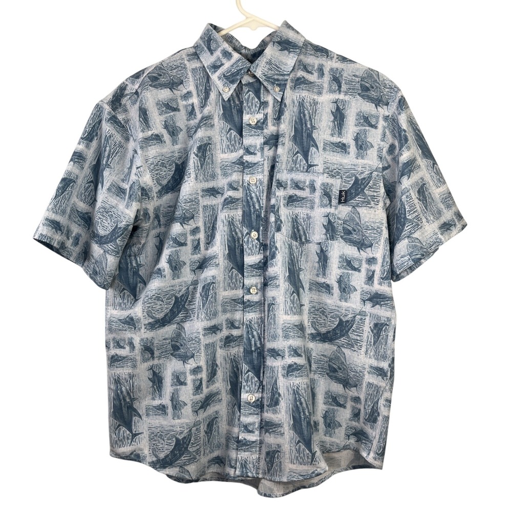Huk Mens Button Down Shirt Small Blue Fishing Marlin Tuna Novelty Nautical Beach